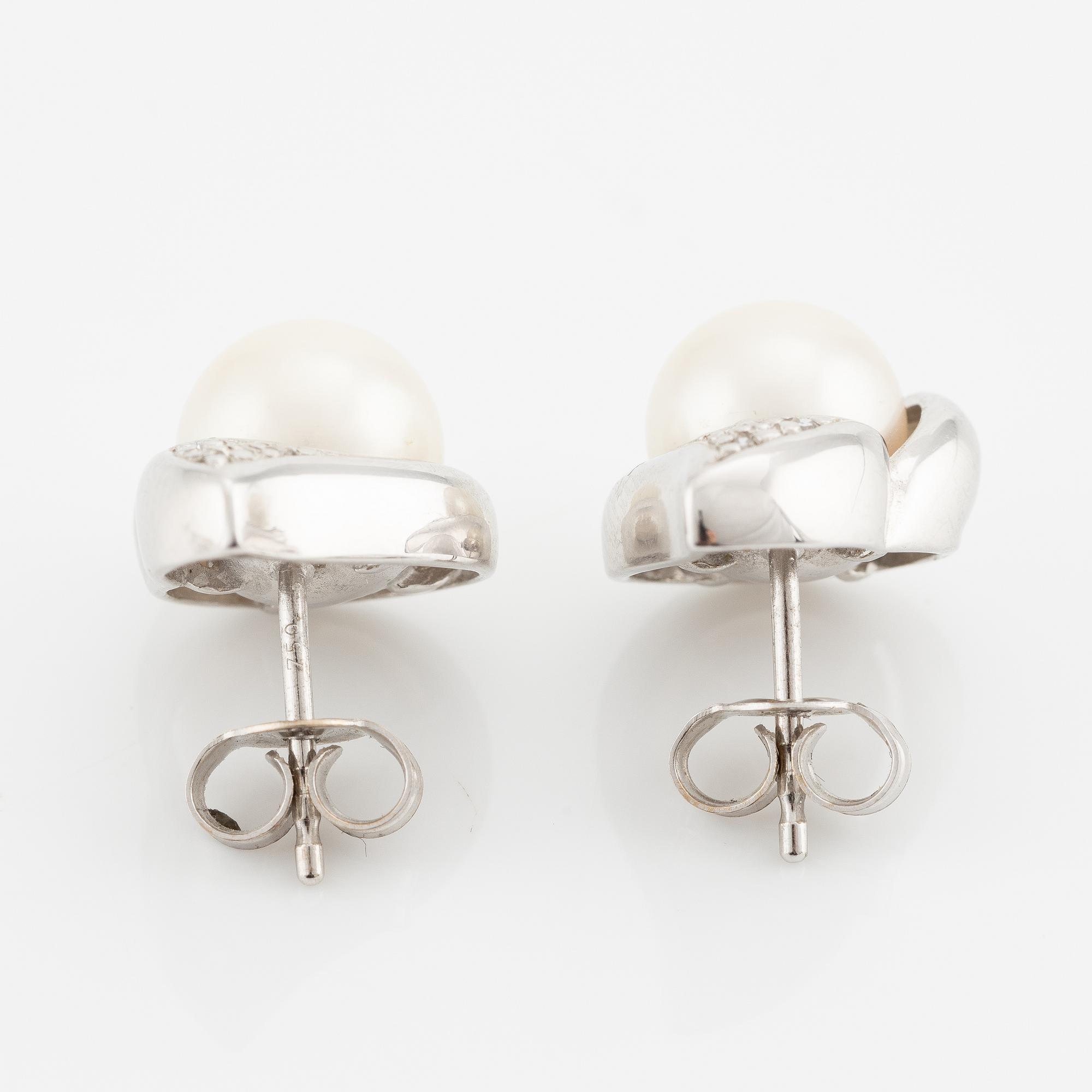 Earrings, 18K white gold with cultured pearls and small diamonds.