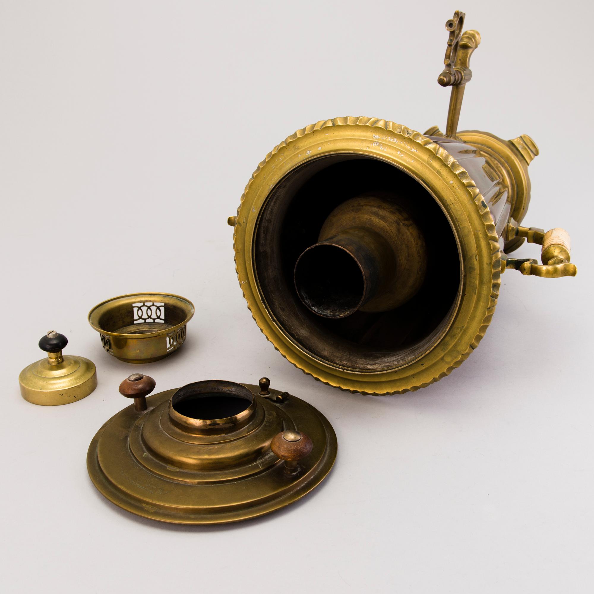 A Russian brass and copper samovar, around 1900.