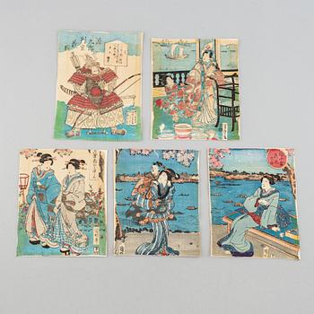 Five Japanese coloured woodblock prints. Japan, 19th century.