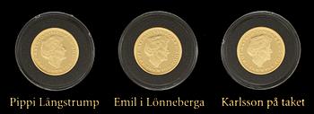 MYNT, 3 st, guld, Astrid Lindgren, nr 853/1000, 1900/2000-tal. Tot 25,8 gr.