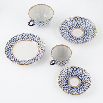 A 37-piece porcelain 'Cobalt Net' coffee and tea set, Lomonosov, Soviet Union.