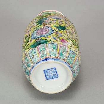 A Chinese yellow ground and famille rose vase, 20th century.