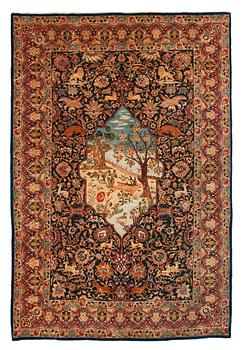 387. A semi-antique pictoral Tabriz rug, c. 216.5 x 145 cm.