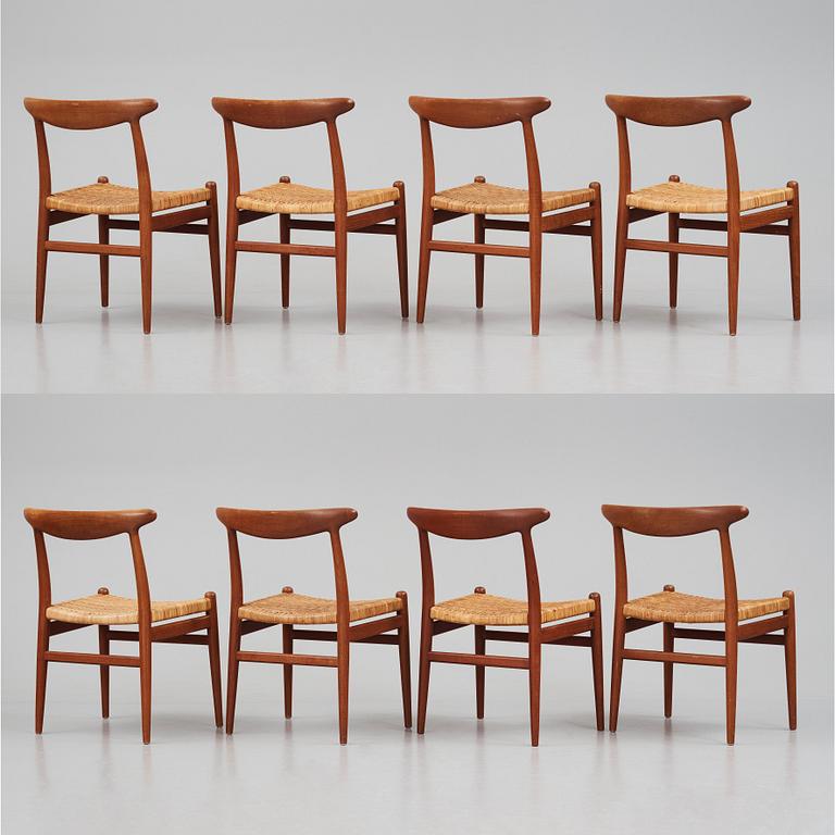 Hans J. Wegner, a set of eight teak chairs, model "W2", C.M. Madsen, Denmark 1950s.