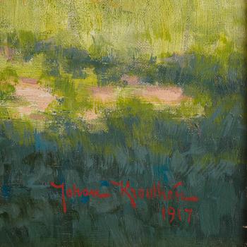 Johan Krouthén, Summer landscape with pecking hens and a wheelbarrow.