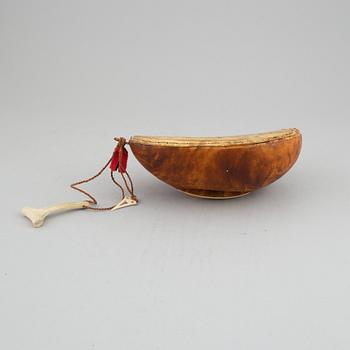 A Sami ceremonial birch and reindeer horn drum, signed HS and dated 72.