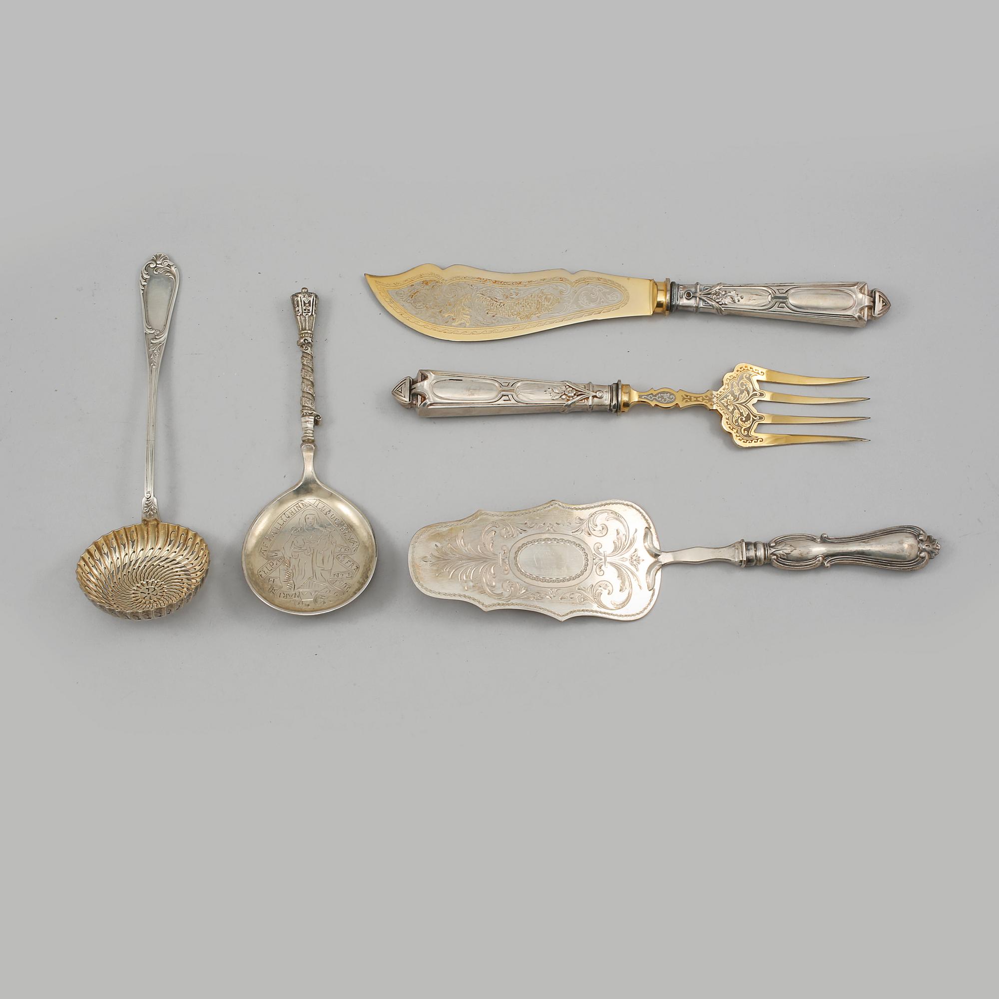 PARTI SILVER, 5 delar, Sverige och Danmark, 1800-talets andra hälft, total vikt 452 g.