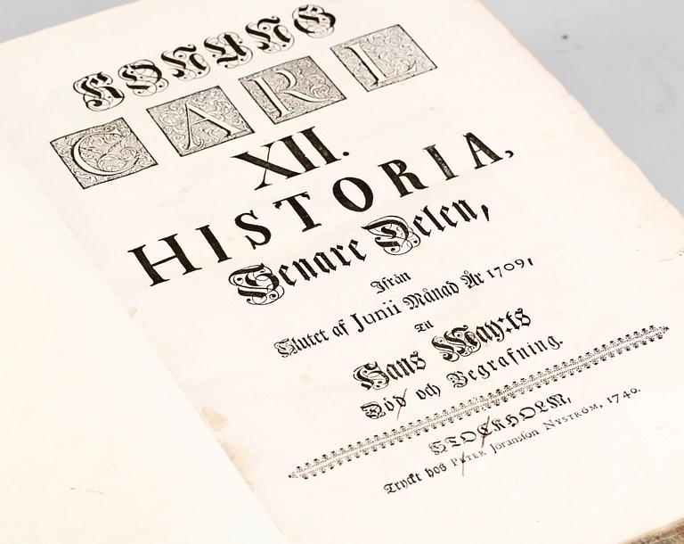 BÖCKER, 2 vol, "Konung Carl XII:tes historia", av J. Nordberg. Pet. Momma resp Peter Jöransson Nyström, Stockholm 1740.