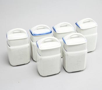 A set of earthenware kitchen jars from Gefle, first half of the 20th century.