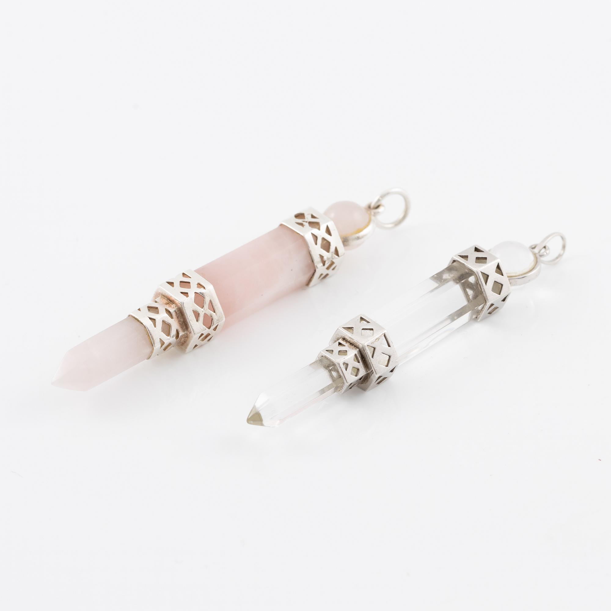 Earrings, 2 pcs, silver with rock crystal and rose quartz.