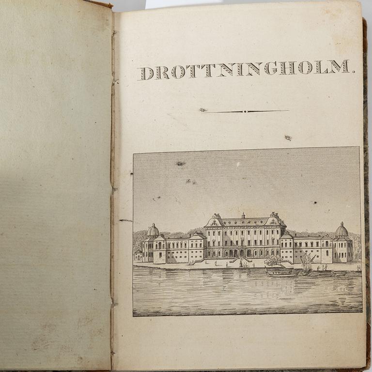 Samling äldre böcker, 8 st, mestadels om Drottningholm, 1700-1800-tal.