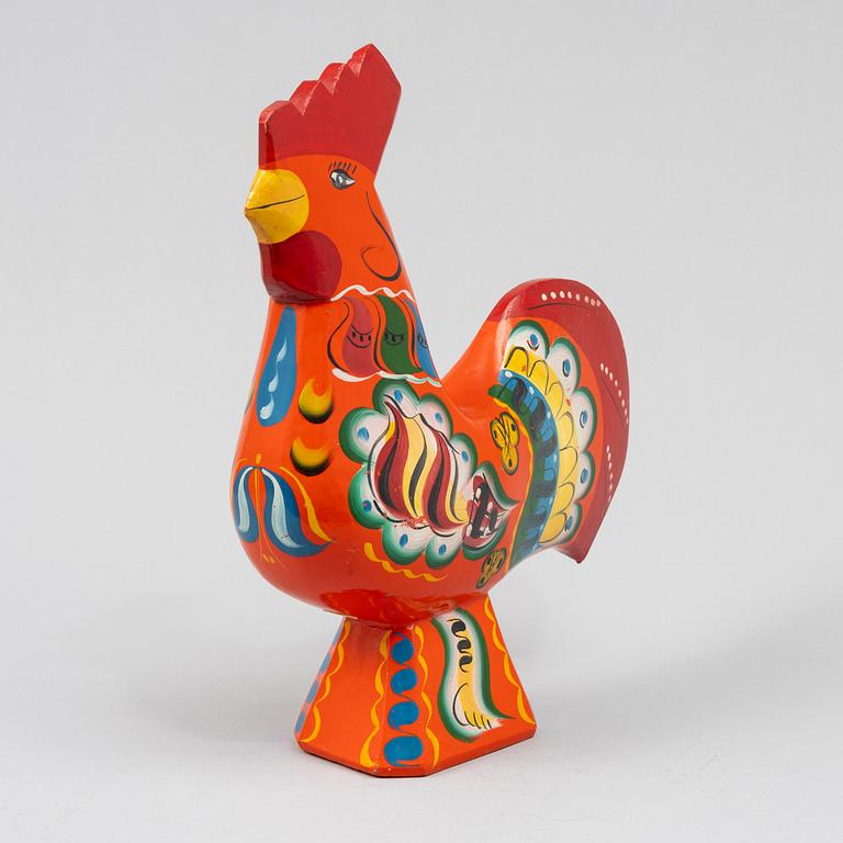 A carved wooden Dalecarlia horse and rooseter, Sweden, 1970's-80's.