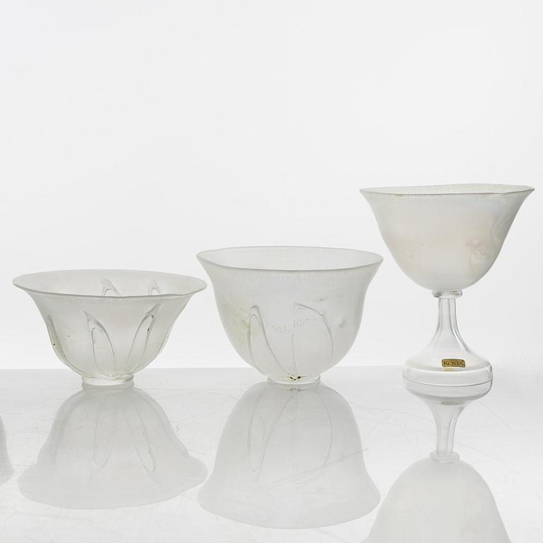 Bengt Heintze, five art glass bowls and two vases, Kosta Boda, signed, 1973-1988.