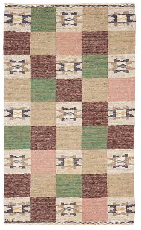 CARPET. "Rutmattan". Flat weave. 253 x 151,5 cm. Signed MMF.