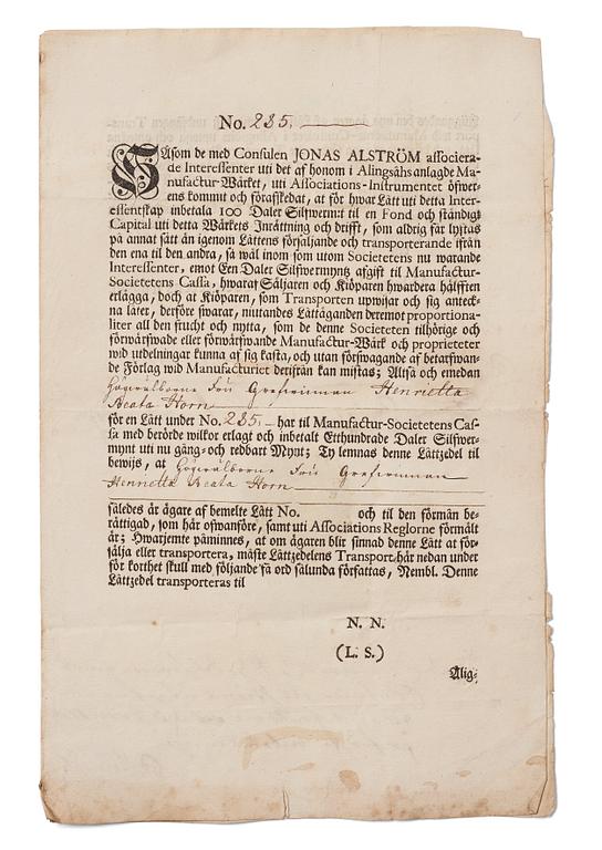 Aktiebrev, Ahlingsåhs Manufaktur Werk (Manufactur-Societet), No 285, 1728,