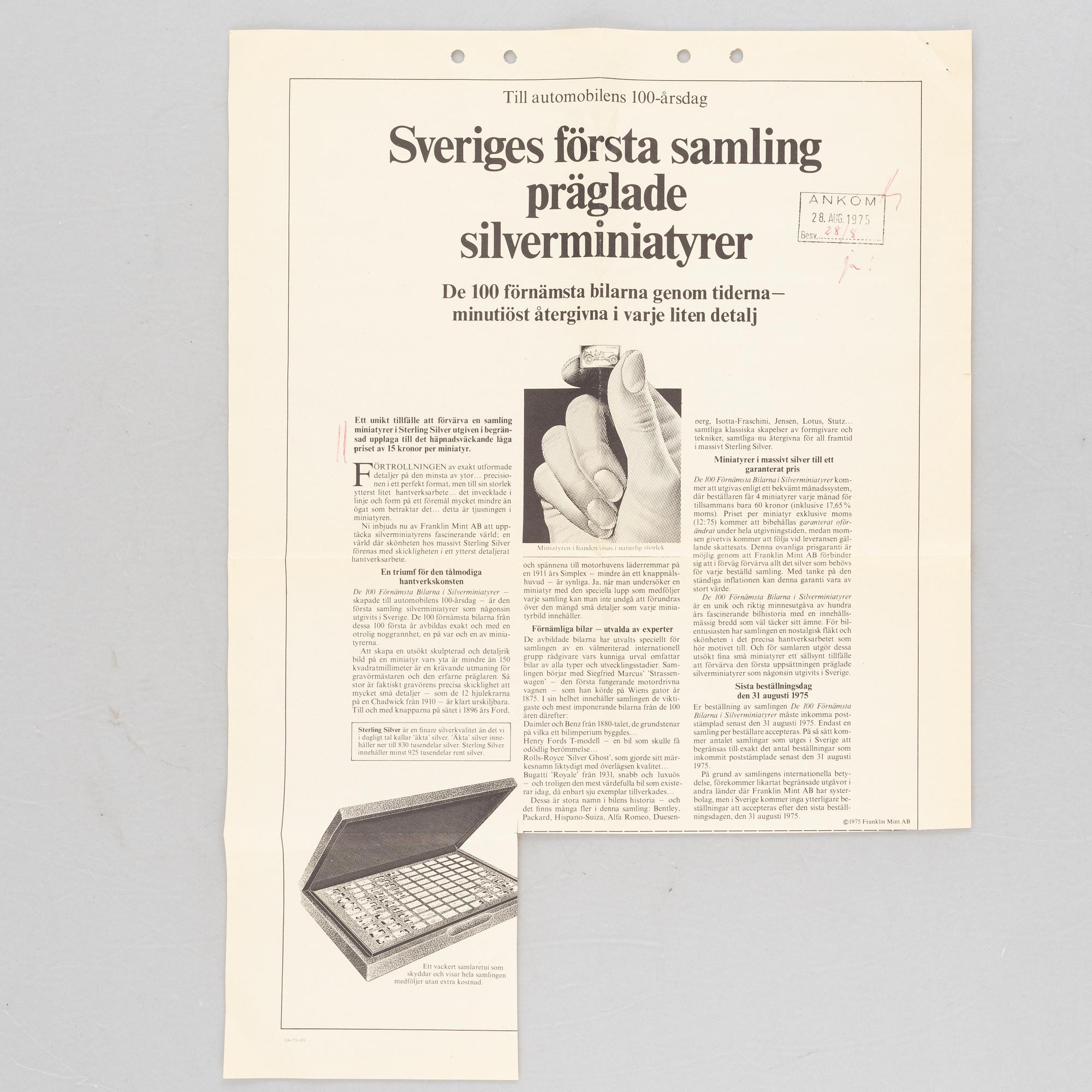 Franklin Mint, miniatures, 100 pcs, sterling silver, "The 100 Greatest Cars", 1975.