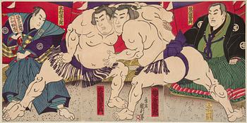 UTAGAWA KUNITOSHI (1847-1899), color woodblock print. Japan, ca 1885. 'Umegatani vs Kimura'.