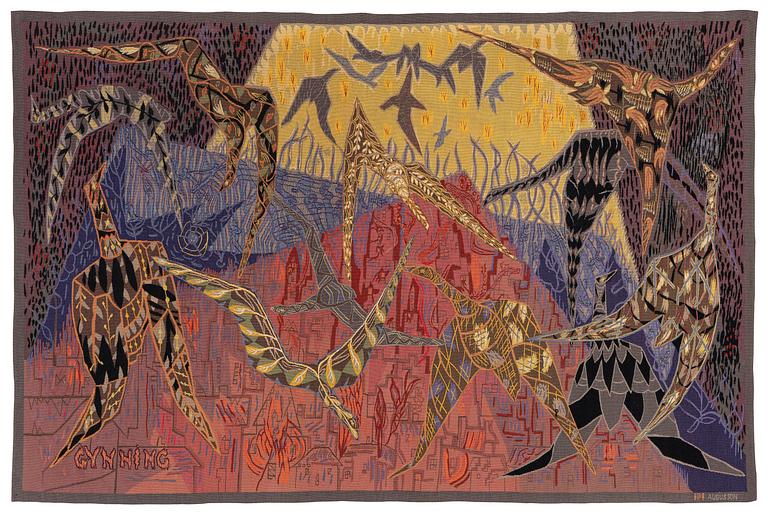 Lars Gynning, vävd tapet "Flyttfåglar", gobelängteknik, ca 230 x 150 cm, PF Aubusson signerad Gynning.