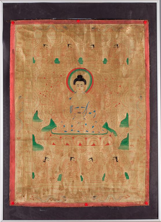 THANGKA, handmålad textil, Tibet, 1950-tal.