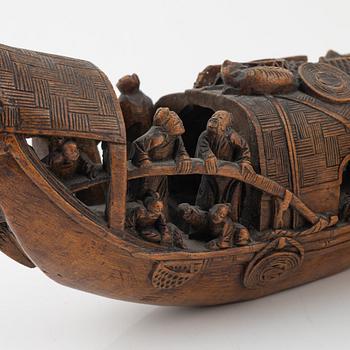 A Chinese carved bamboo brush pot and boat, early 20th Century.