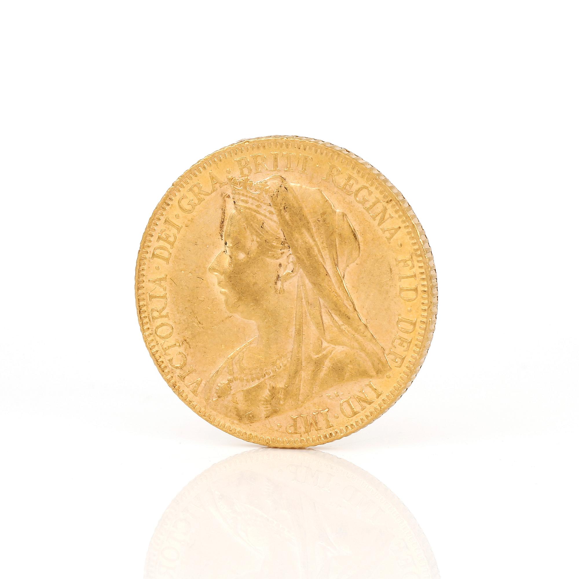 GULDMYNT, sovereign, Victoria, Storbrittannien 1900. Vikt ca 7 g.