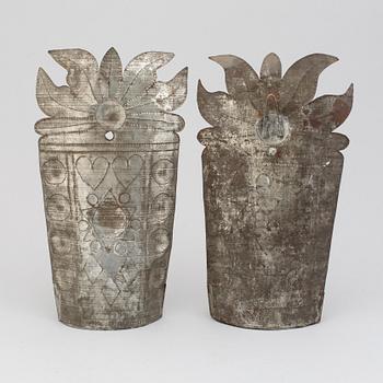 TWO WALL LIGHTS, tin plate, ca 1900.