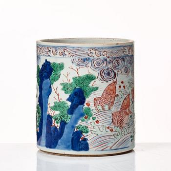 A Transitional Wucai brush pot, 17th Century.