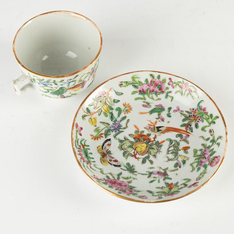 A Canton porcelain teapot and cup with saucer, China, 20th century.