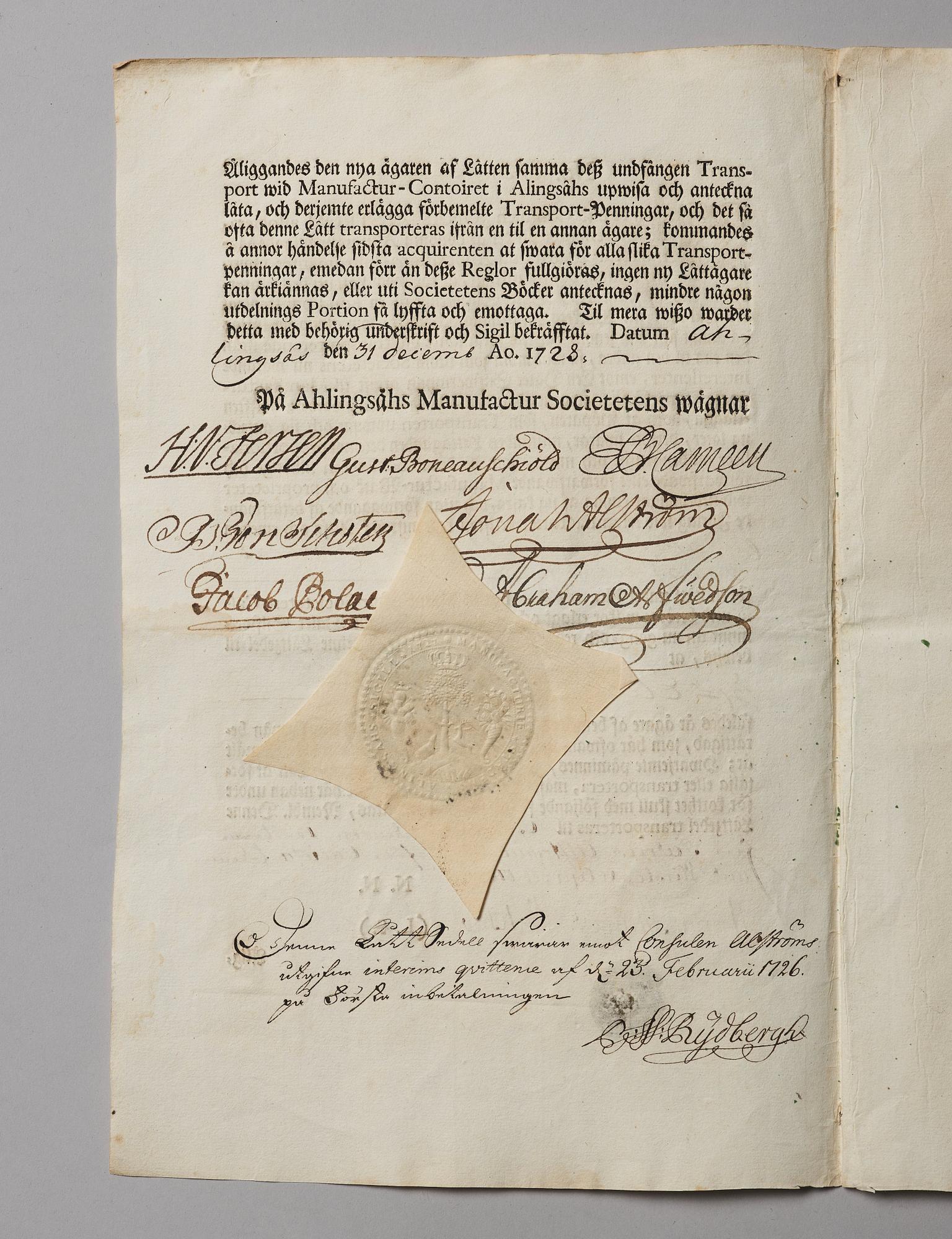 Aktiebrev, Ahlingsåhs Manufaktur Werk (Manufactur-Societet), No 212, 1728, ett tryckt förordnande medföljer.
