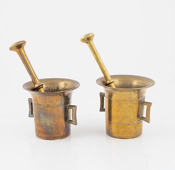 Two brass mortar and pestle, 1800's.