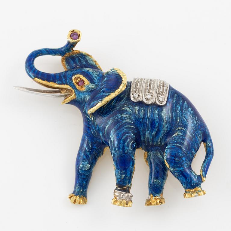 Brosch i form av elefant, 18K guld med blå emalj, rubiner och diamanter.