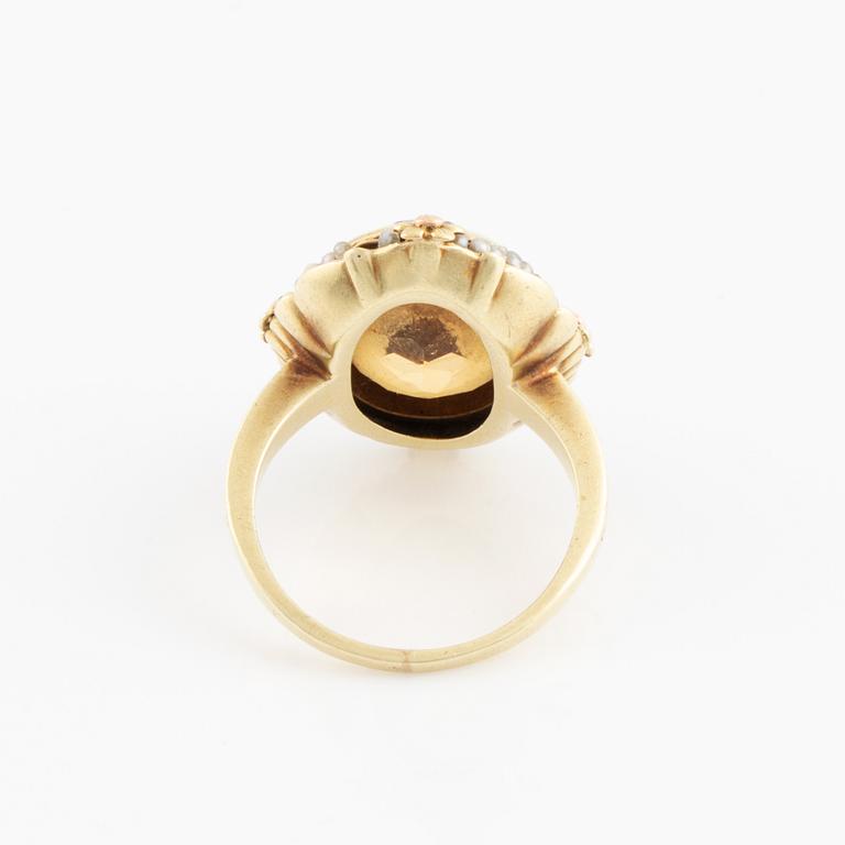14K gold, citrine and seed pearl ring.
