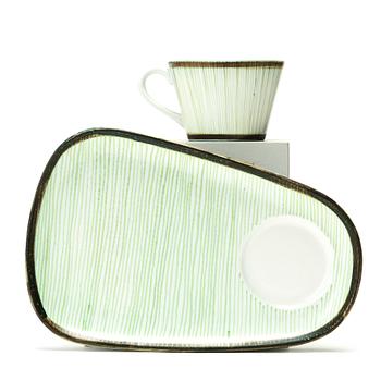 Stig Lindberg, "TV-koppar", 6 st med fat, fajans, Gustavsbergs studio 1950-tal.