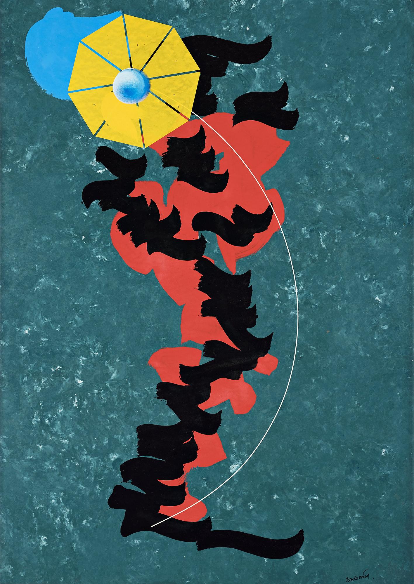 Carl Fredrik Reuterswärd, lackvarell på papper lagt på duk, signerad Reuterswärd.