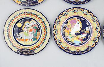 Björn Wiinblad, a set of eight Christmas porcelain plates, Rosenthal 1975-1982.