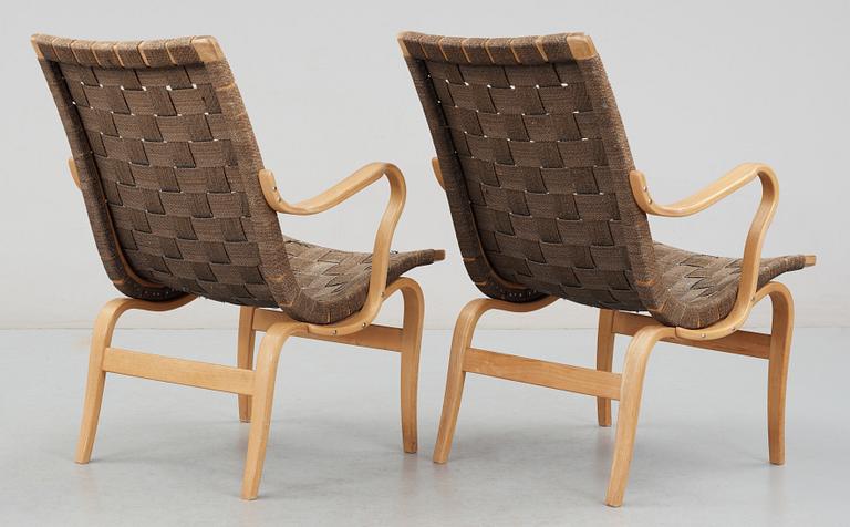 A pair of Bruno Mathsson easy chairs by Karl Mathsson, Värnamo Sweden 1940-50's.