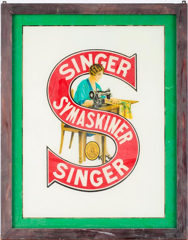 REKLAMSKYLT, glas, Singer Symaskiner, 1920-tal.