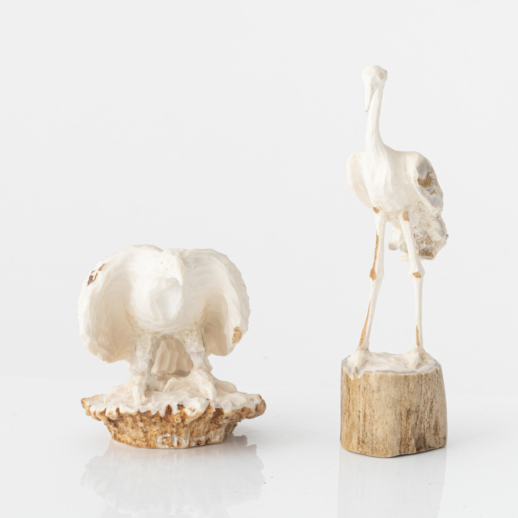 Erik Norberg, figurines, 3 pcs, reindeer antler, signed EN and dated -63, -67, and -69 respectively.