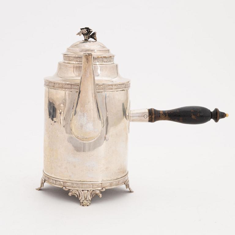 a Swedish Empire silver coffepot, mark of J. H. Leffler, Falun 1814.