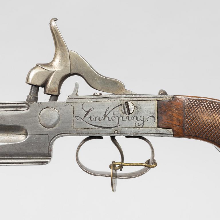 Percussion pistol, double-barrelled, signed A Sjöberg, Linköping, (Axel S. active 1766-1834).