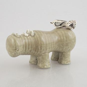 Lisa Larson, a stoneware figurine, 'Flodhäst med fåglar', Gustavsberg 1966-1970.