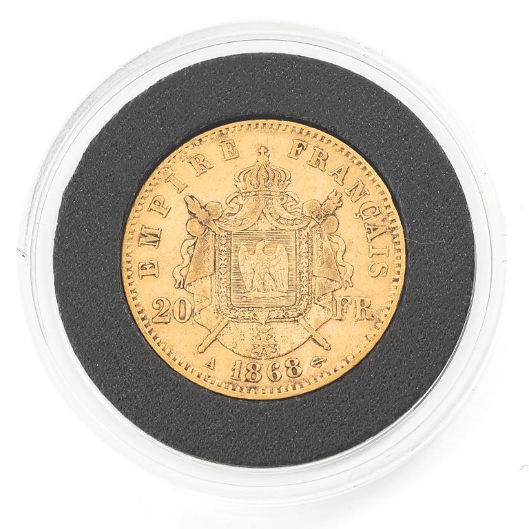 Guldmynt, Frankrike, Napoleon III, 20 Francs, 1868.