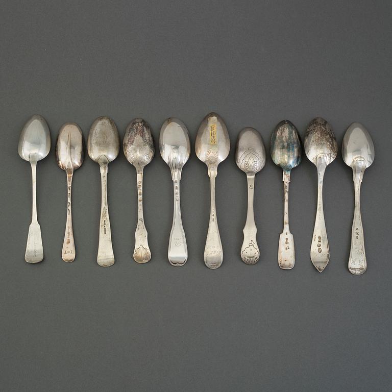 10 18th and 19th century silver spoons from Denmark, Russia, Britiain and Sweden.