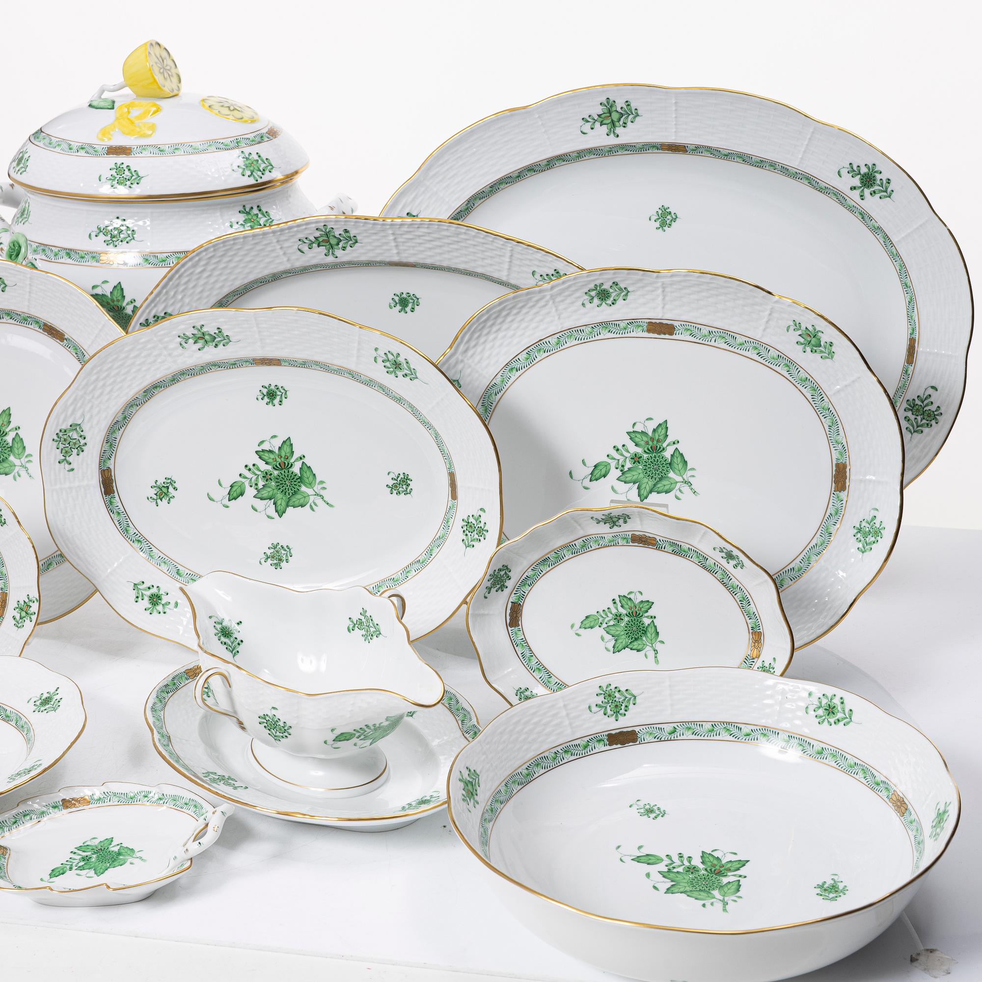 Herend, Service pieces, 59 pieces, "Chinese Bouquet"/ "Green Apponyi", Hungary.