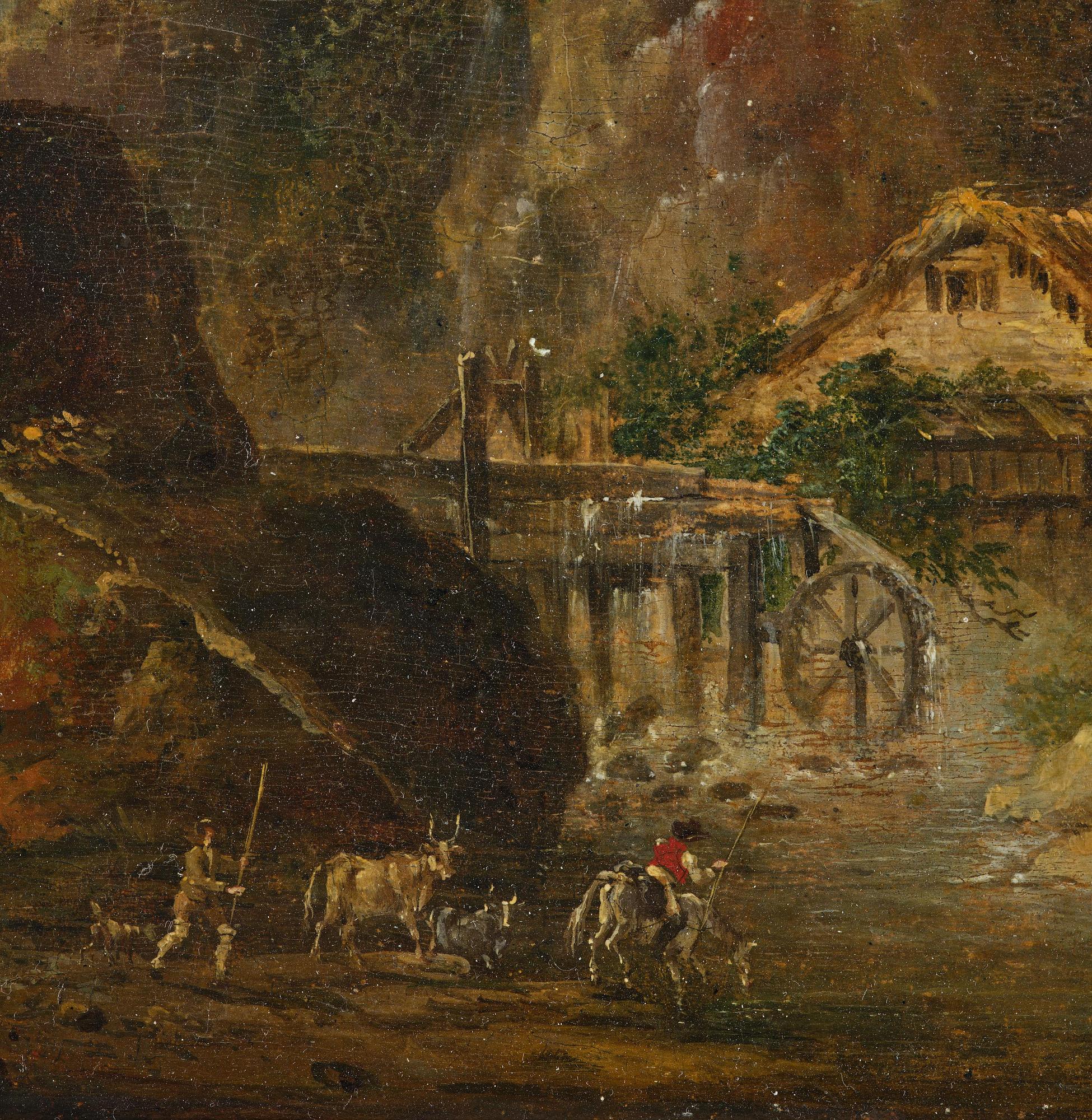 Louis Belanger, Mountain landscape with figures by a watermill.