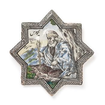 A Qajar moulded figural pottery tile, diameter ca 30 cm.