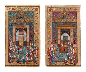 572. ALBUMBLAD, två stycken, bläck och färg på papper med förgyllda detaljer. Indien, 1800-tal.