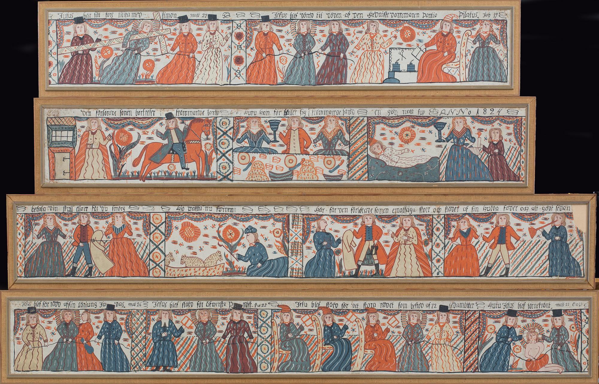 A SET OF 4  FOLK ART PAINTINGS FROM HALLAND/SMÅLAND 1824, SWEDEN.