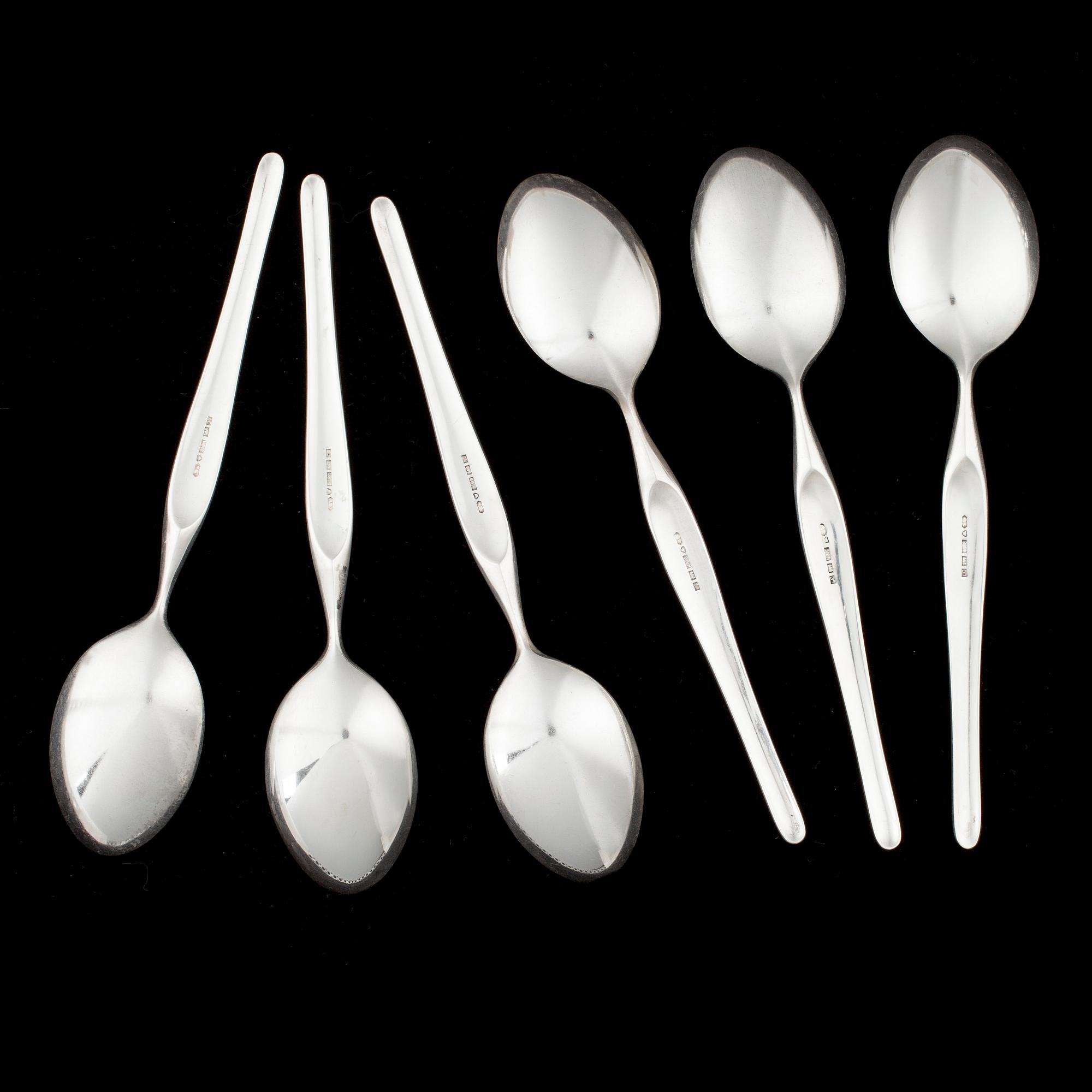 SKEDAR, 6st, silver, "Hopeasiipi", design Tapio Wirkkala, Kultakeskus Oy, Tavastehus 1957. Totalvikt 223 g.