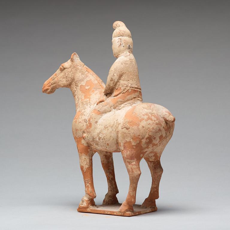 A painted pottery figure of an equestrian standard-bearer, Tang dynasty (618-907 AD.).